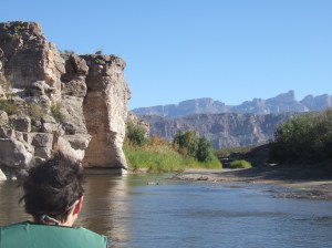 View of the distant Boquillas Canyon.  The highest knob sticking up on the right side is part of a cliff that we eventually paddled along.