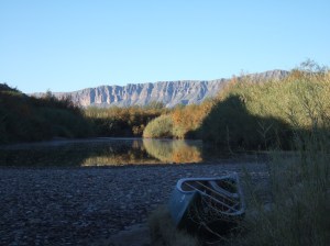View from our third campsite of the sunrise reflecting off Boquillas Canyon